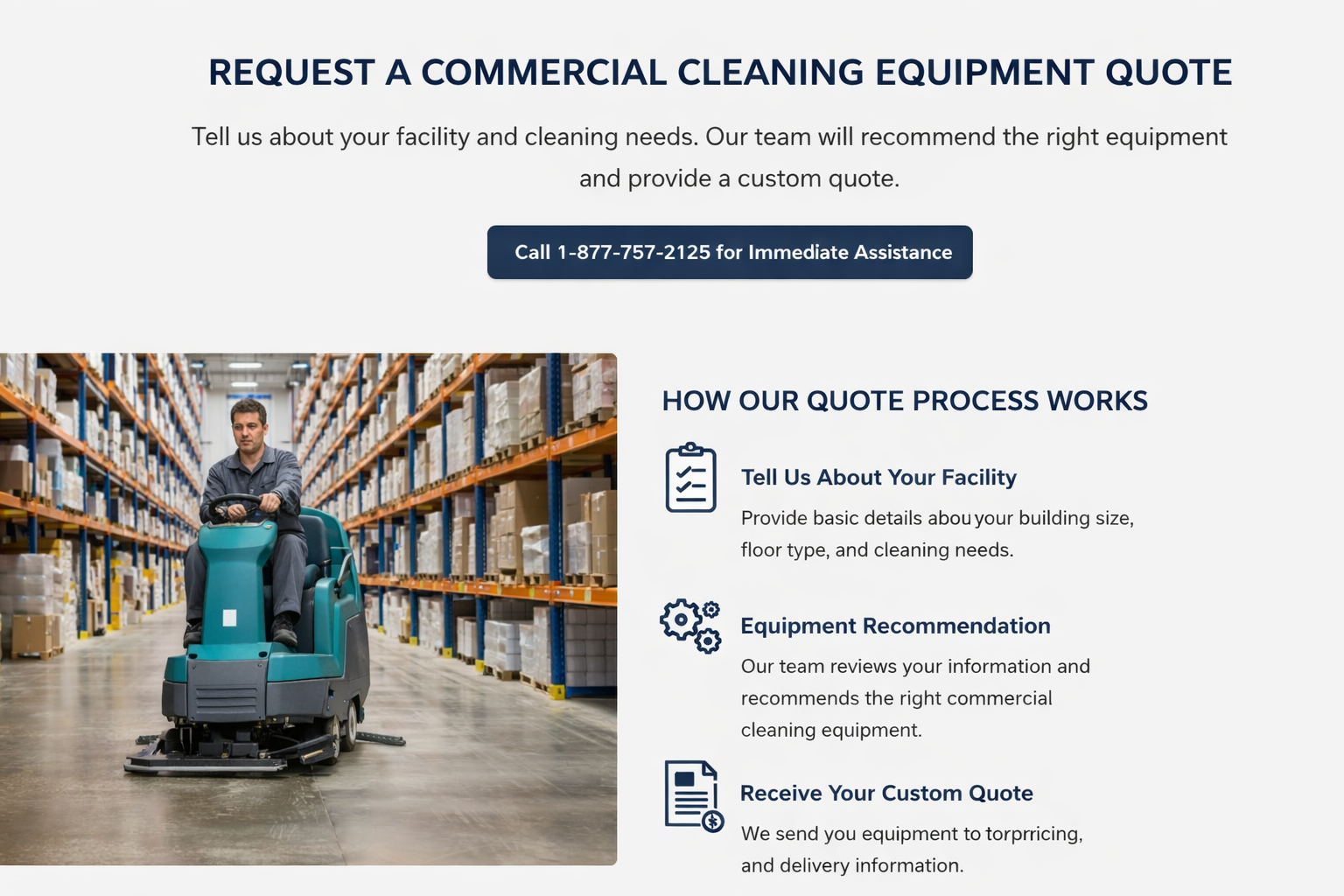 Commercial cleaning equipment quote request with a worker operating a scrubber in a warehouse.