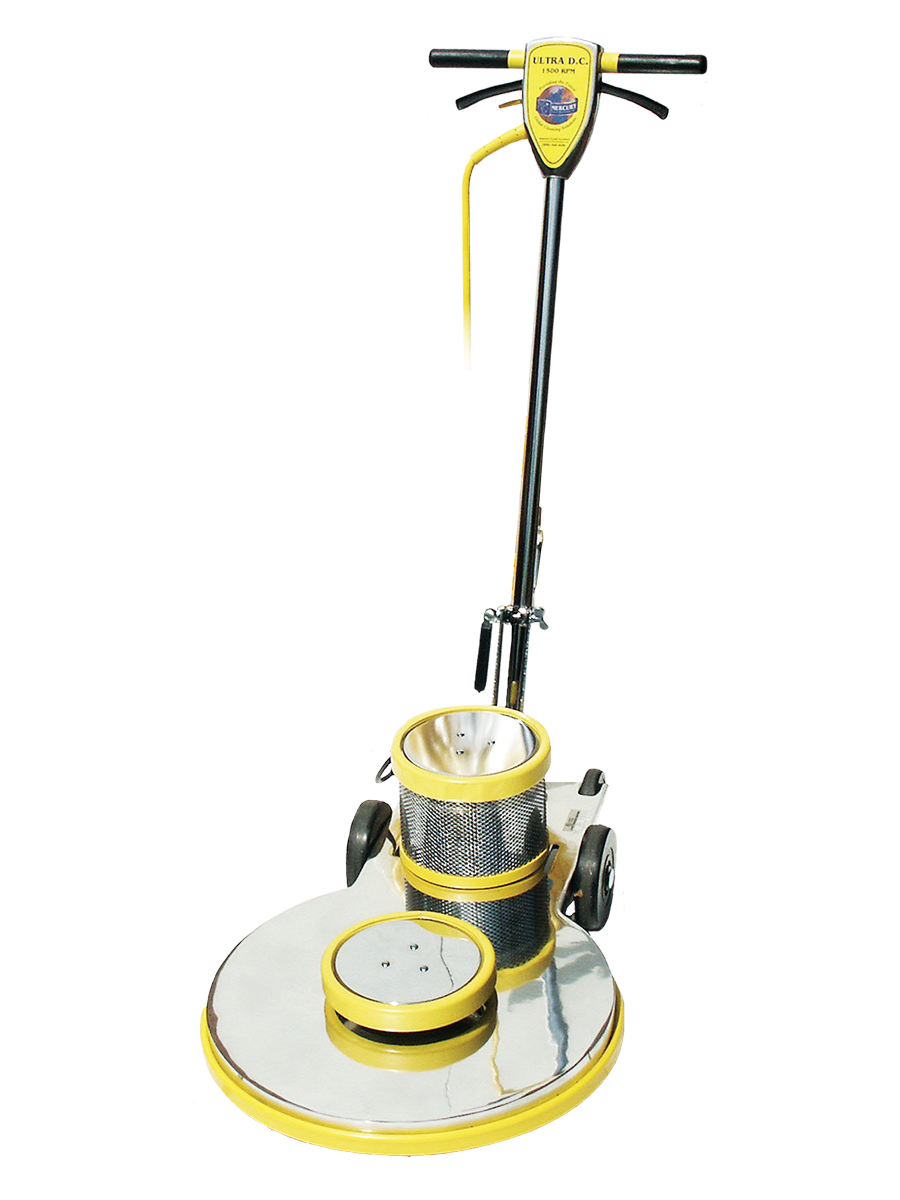 Worker using a Hercules commercial floor machine to clean and polish a warehouse concrete floor