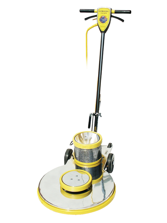 Worker using a Hercules commercial floor machine to clean and polish a warehouse concrete floor