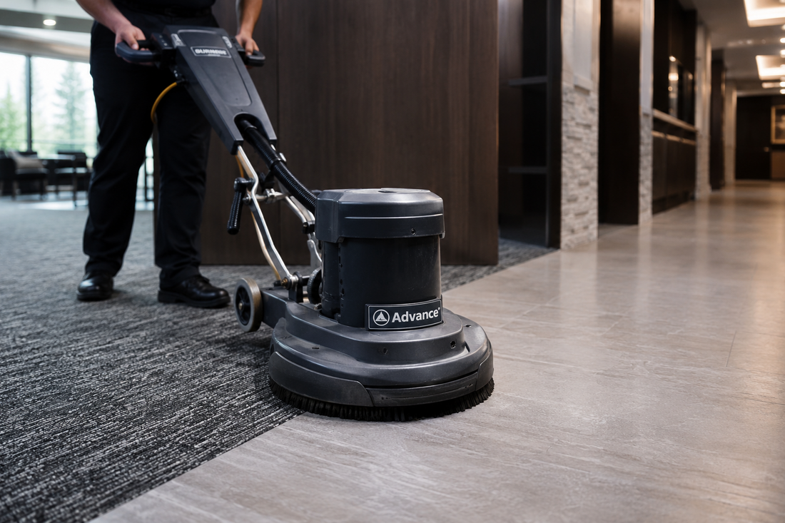 Commercial floor machine using floor pads and brushes