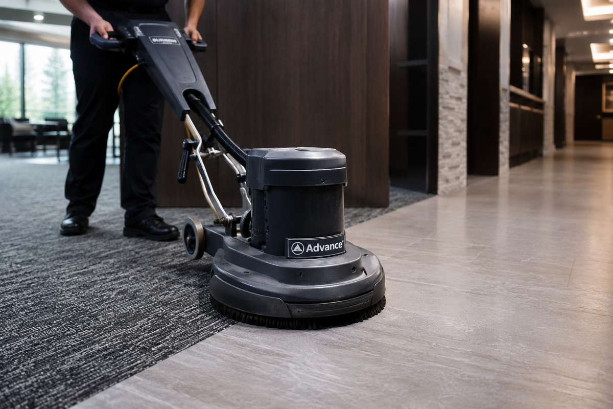 Commercial floor machine using floor pads and brushes