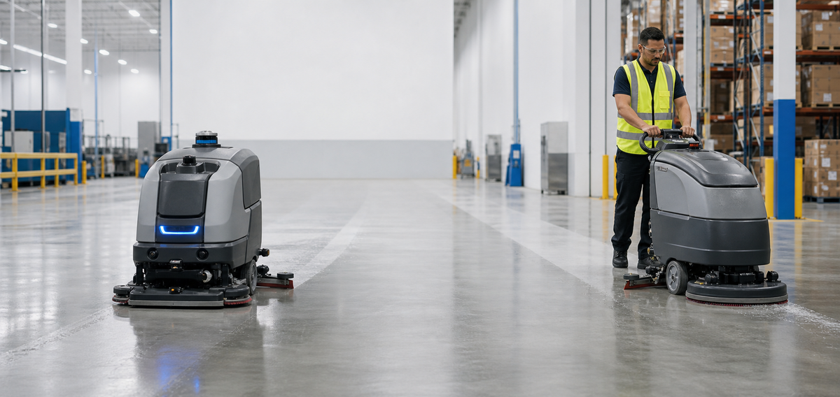 Robot floor scrubber and human-operated floor scrubber in a warehouserobot