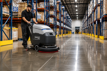 Walk-behind commercial floor scrubber in a warehouse